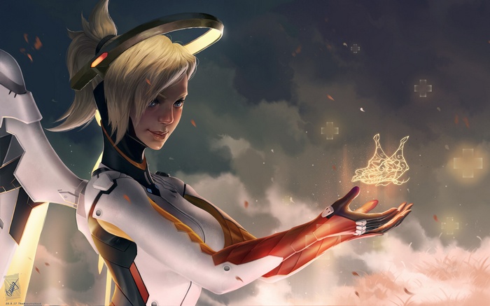 Mercy from Overwatch casting a spell