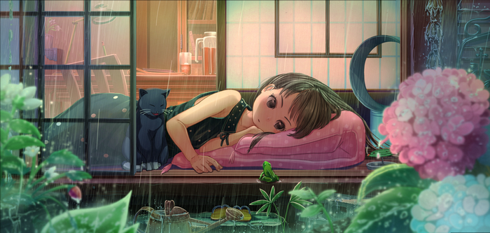 Girl with cat and frog in the rain