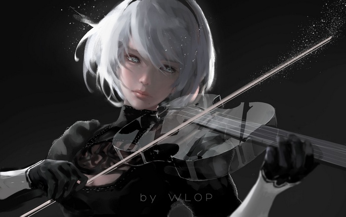WLOP, musical instrument, NieR, headband, elbow gloves, Nier: Automata, violin, short hair, silver hair, gloves, 2B (Nier: Automata)