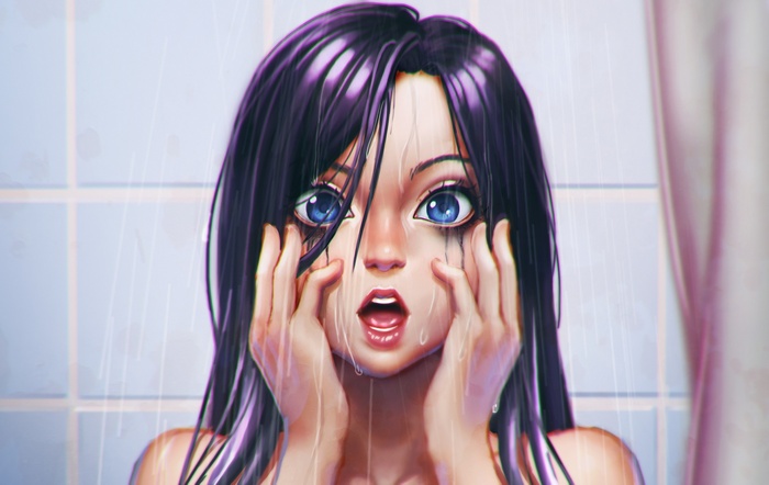 Anime girl with wet hair and makeup running