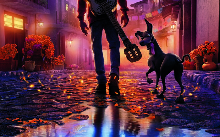 Miguel and Dante from Coco walking down a street
