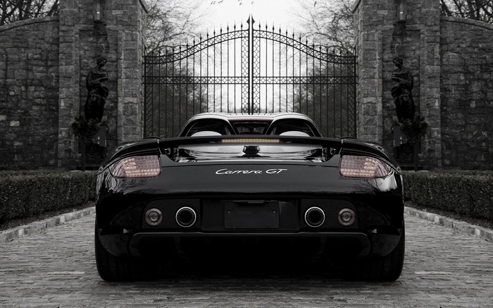 Black Porsche Carrera GT in front of a gate