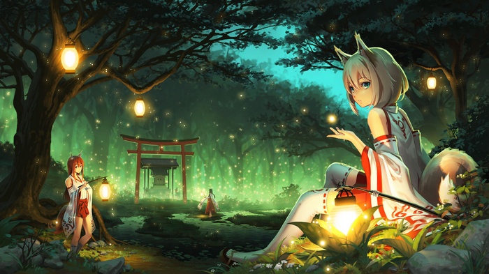 Anime girls with fox ears in a magical forest at night