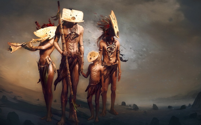 Tribal figures with masks and staffs in a desolate landscape
