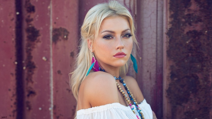 women, tanned, Mary Markova, freckles, David Mas, bare shoulders, face, portrait, eyeshadow, blonde