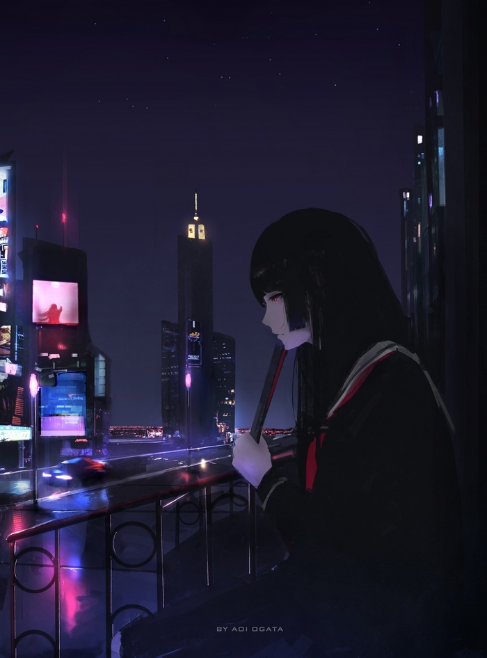 Enma Ai from Jigoku Shoujo overlooking a city at night