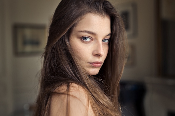 Portrait of a woman with gray eyes