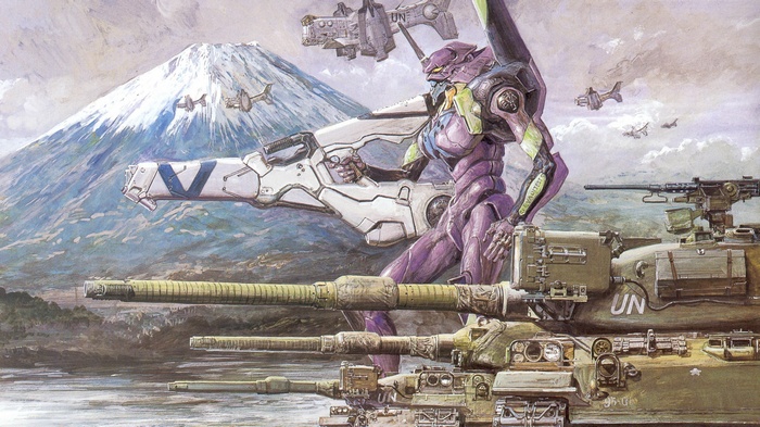 EVA Unit 01 with tanks and Mount Fuji