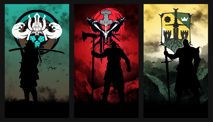 Collage of Samurai, Viking, and Knight characters from For Honor