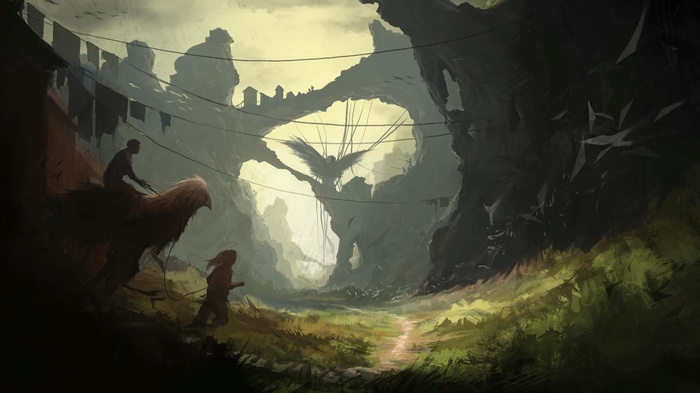 Fantasy art of a person riding a Chocobo with a child