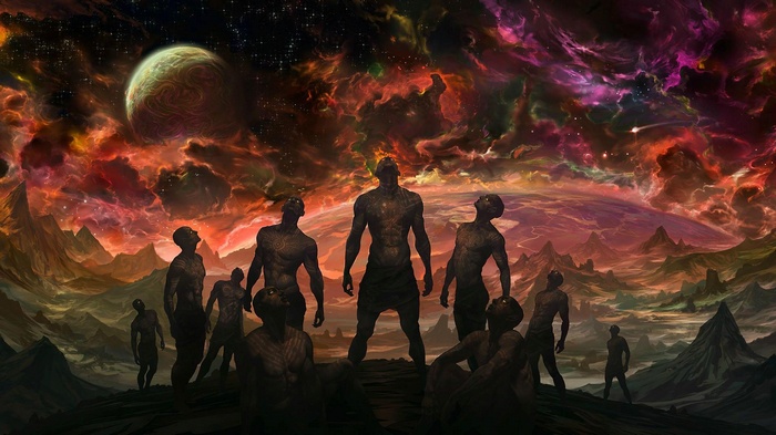 Figures looking up at a planet and nebula