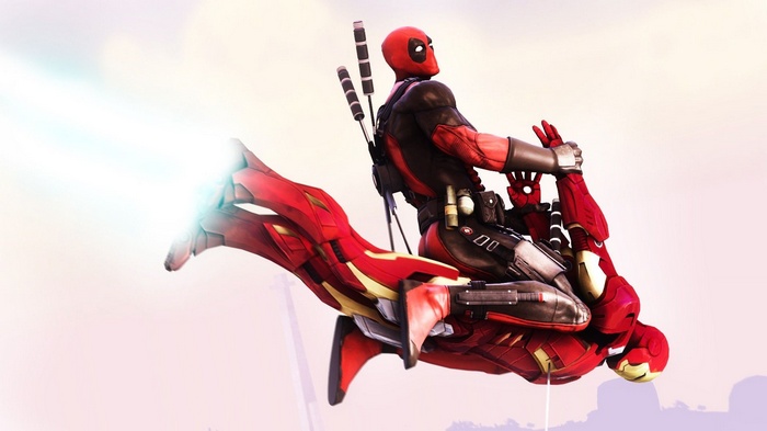 Deadpool riding Iron Man's armor