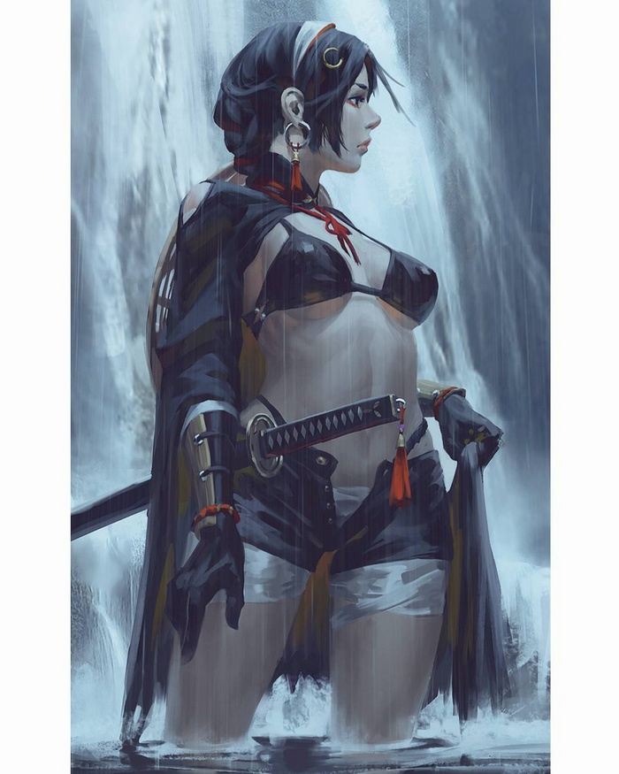 Samurai woman with katana by a waterfall