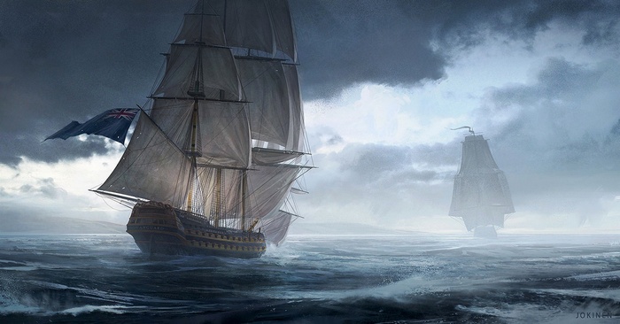 Painting of sailing ships on a stormy sea