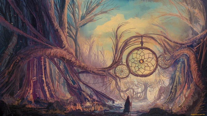 Fantasy forest with dreamcatchers and a cloaked figure