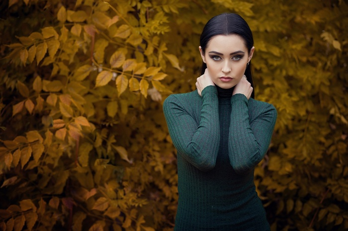 portrait, face, leaves, depth of field, women outdoors, women
