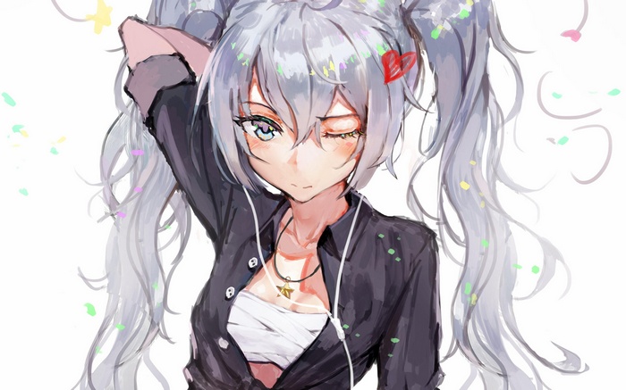 Anime girl with silver twintails and headphones