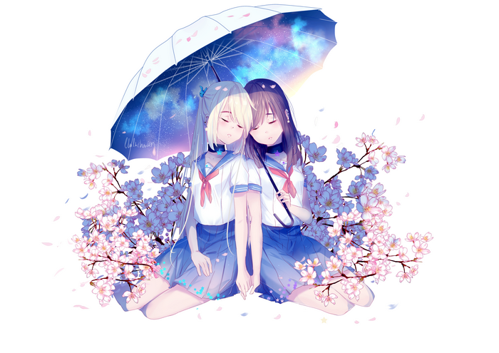 Two girls in school uniforms under a galaxy umbrella with flowers