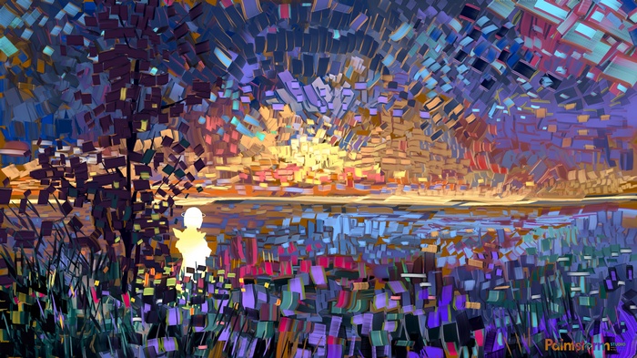 Abstract sunset over water with a figure