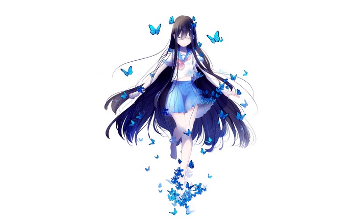 Anime girl with long black hair surrounded by blue butterflies
