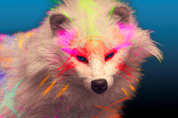 White raccoon with tribal face paint and colorful splashes
