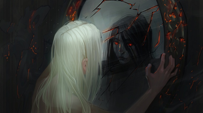 Woman looking into a cracked mirror at her dark reflection
