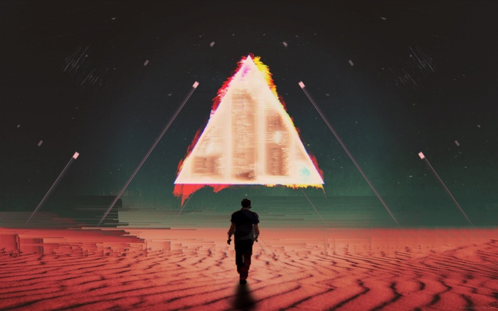 Man walks towards a glitchy pyramid in a desert