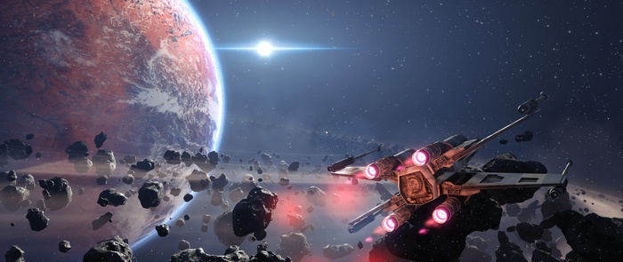 X-wing fighter in an asteroid field near a planet
