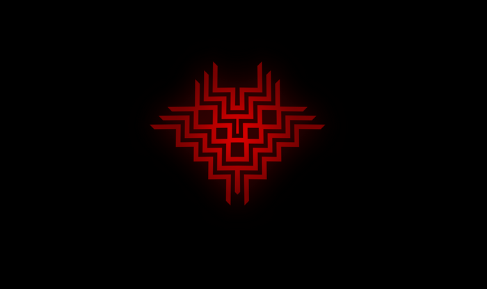 Red geometric symbol on black background