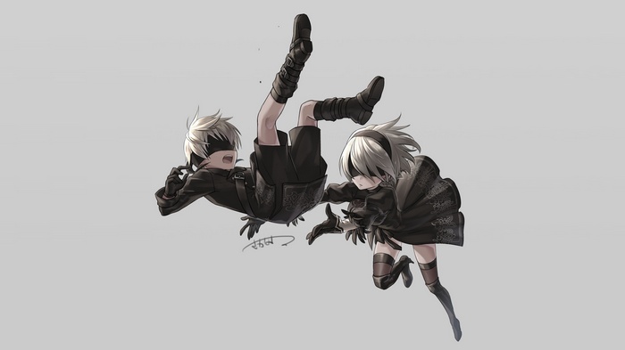 2B and 9S from NieR: Automata falling