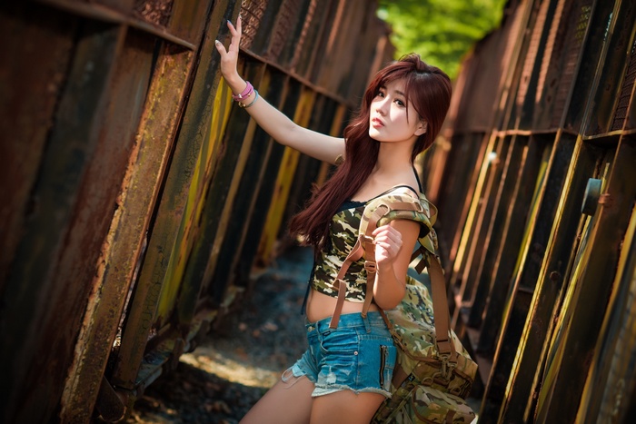 Asian, women outdoors, model, jean shorts