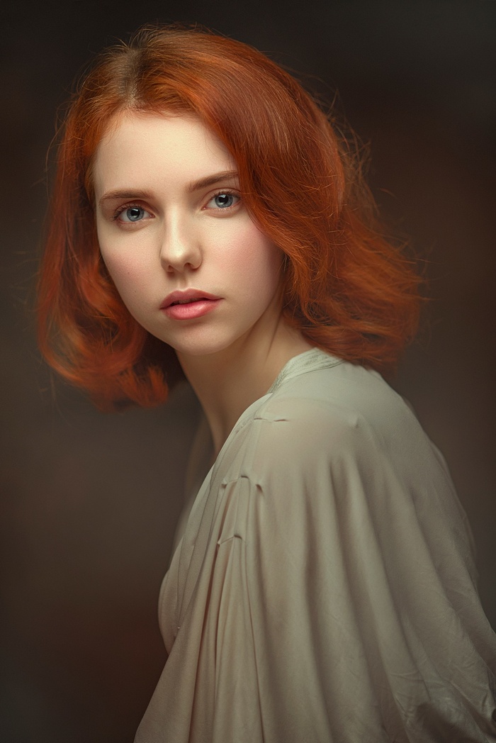 redhead, portrait, simple background, women, Pavel Cherepko