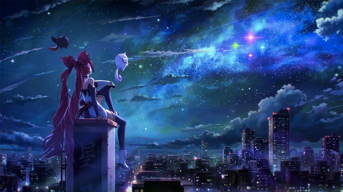 Jinx from League of Legends looking at the starry sky