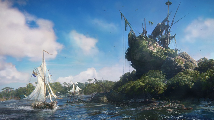 Pirate ships near a shipwreck on a tropical island