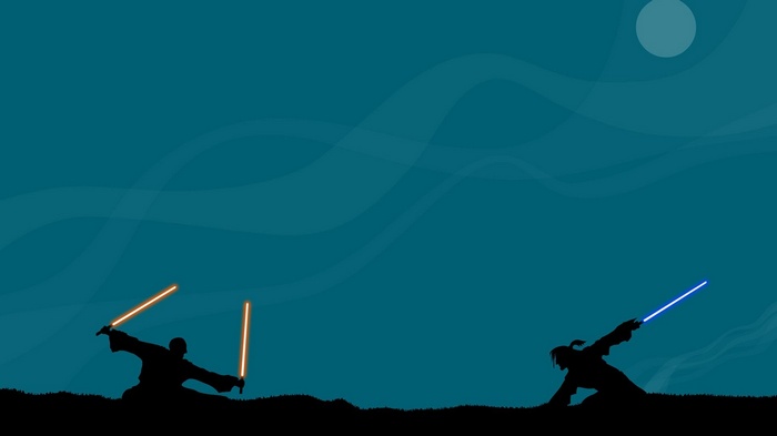Star Wars duel with lightsabers at night