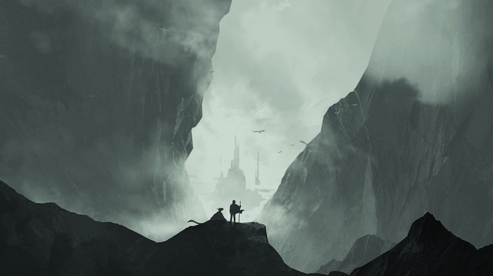 Fantasy landscape with figures and castle