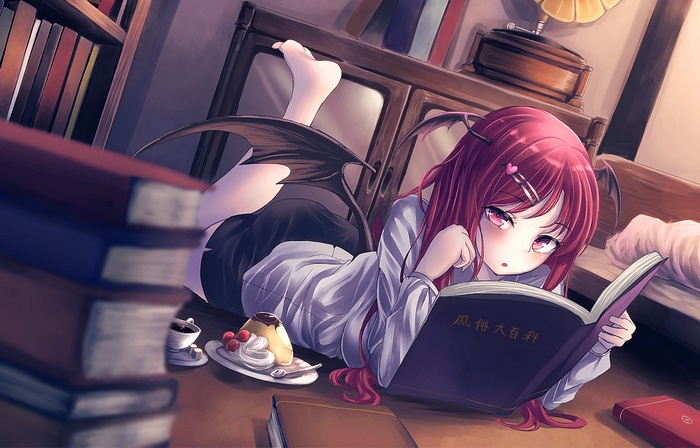 Koakuma from Touhou reading a book with cake