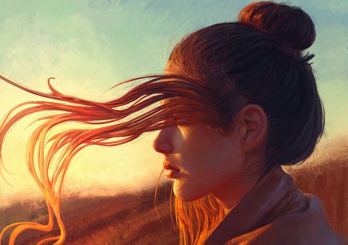 Artwork of a woman with long hair at sunset
