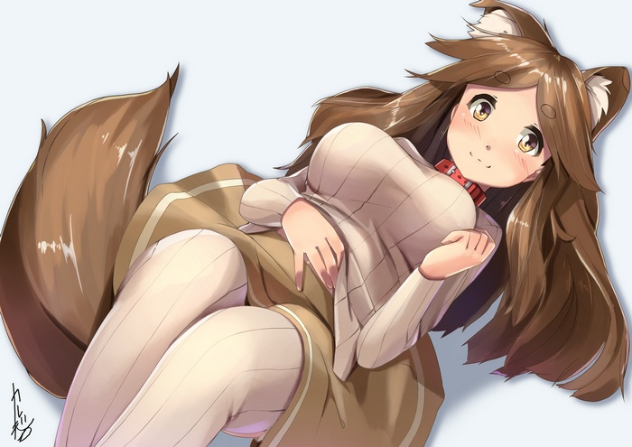 long hair, tail, brunette, brown eyes, white  background, blushing, animal ears, skirt, collars, dog girls, thigh-highs