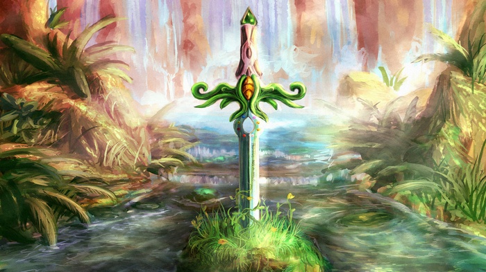 Sword in a mystical forest with waterfalls