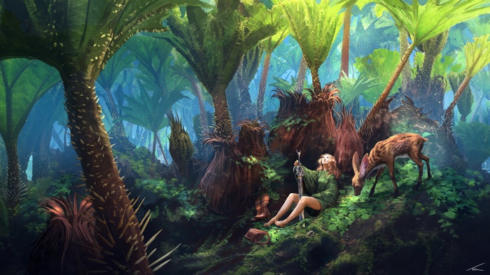 Woman with sword and deer in fantasy forest