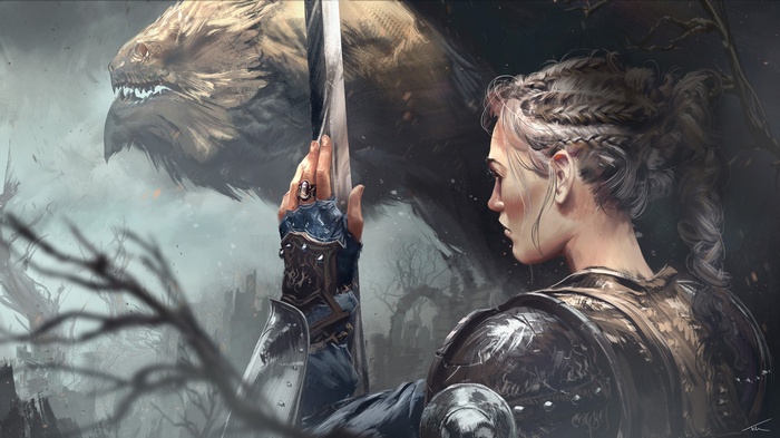 Warrior woman with sword facing a dragon