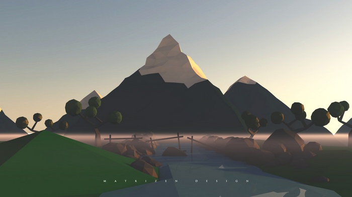 Low poly landscape with mountains, river, and trees at sunset