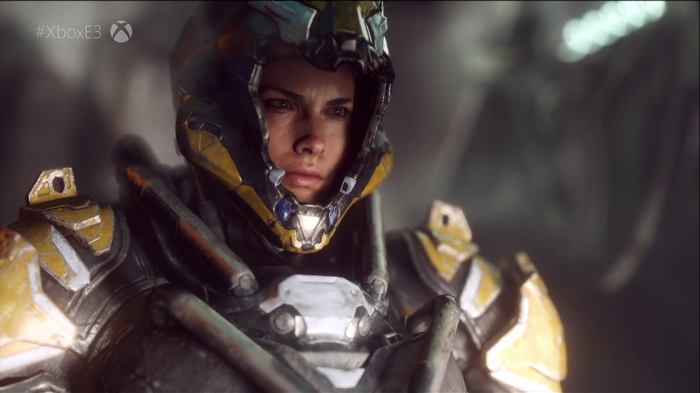 Anthem video game character with Xbox E3 logo