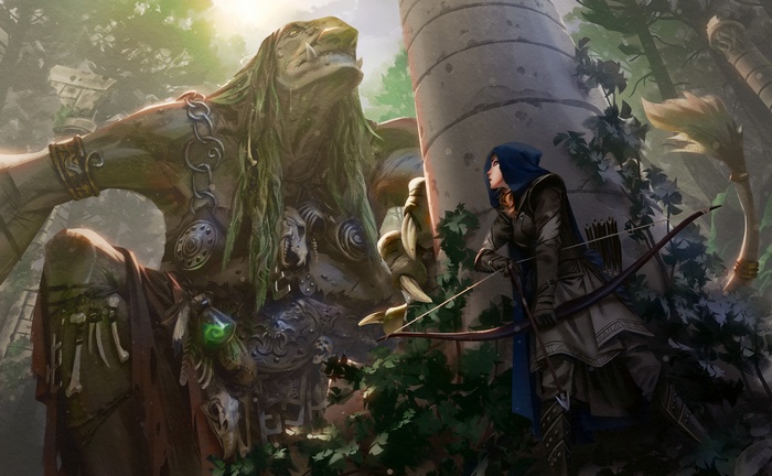 Archer facing a giant troll in a forest