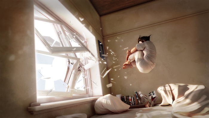 Person floating in room with broken window