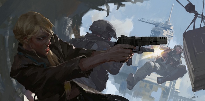 Woman firing a handgun in a battle