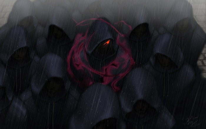 Hooded figures in the rain with a central figure with red eyes