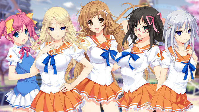 Five anime girls in school uniforms with cherry blossoms