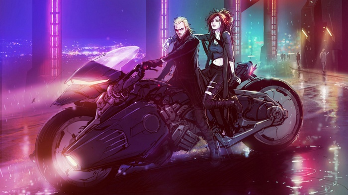 Couple on a futuristic motorcycle in a neon city